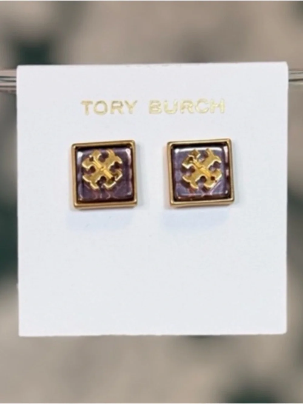 TORY BURCH Resin Purple Gold Logo Stud Earrings NEW $129